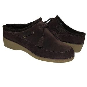 Lands' End Women's Leather Chalet Tassel Fur Lining Brown Mules Clogs 8B